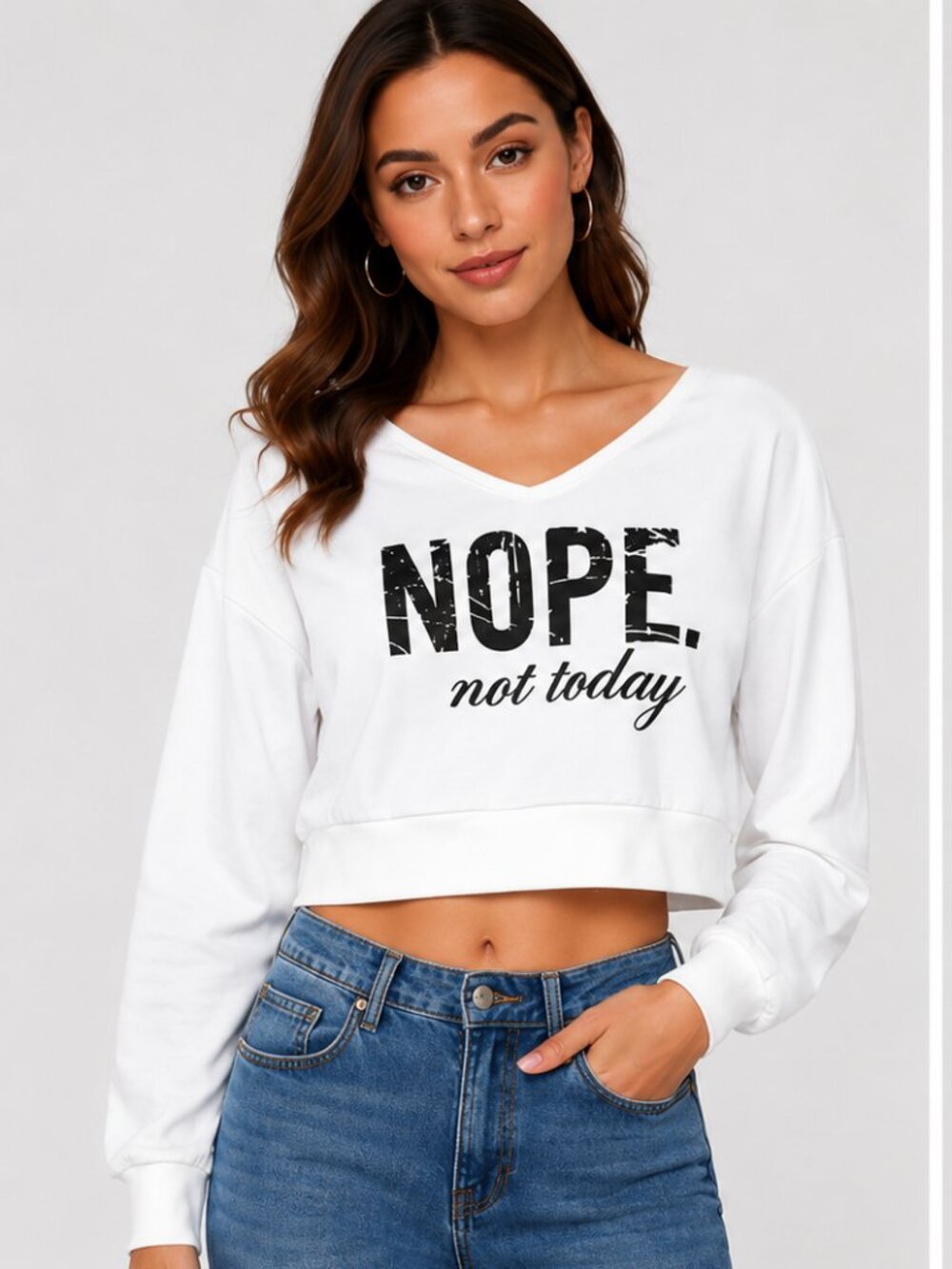 NOPE Not Today White Cropped Sweatshirt Long Sleeve Graphic Top S